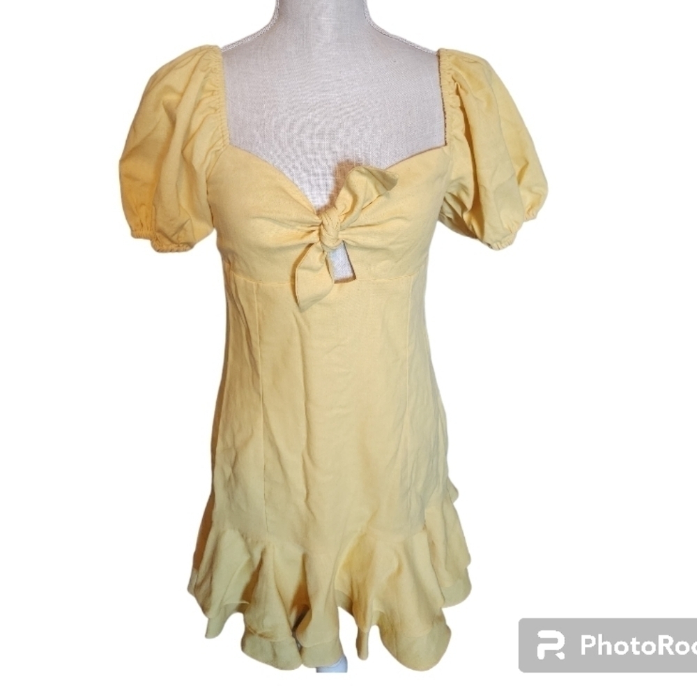 ALTAR'D STATE Knot Front Puff Sleeve Babydoll Sundress Yellow linen cott… - Picture 2 of 7
